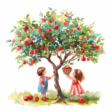 Little Children Picking Apples From The Tree Watercolor Paint 