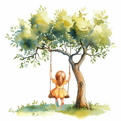 Little girl swinging in the tree watercolor paint