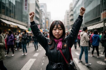 The image captures the passionate spirit of a young protester in the USA, embodying the energy and determination of those advocating for social change and justice.