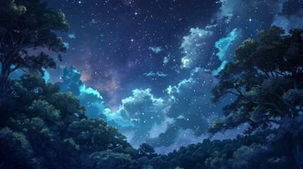 Starry night sky over a magical forest, with manga-style clouds generative ai