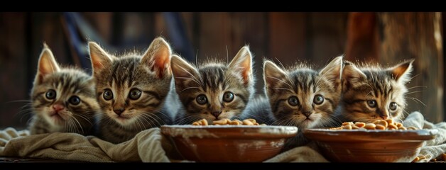 Curious whiskers and playful antics fill the room as a litter of malayan kittens gather around a bowl of nourishing cat food, their domesticated instincts for survival evident in their felidae eyes a - obrazy, fototapety, plakaty