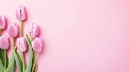 Bouquet of pink tulips on pink background. Top view. Generative AI