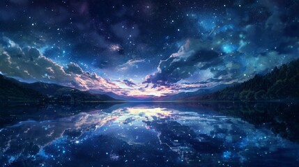 Starry night sky over a calm lake, with manga style clouds generative ai