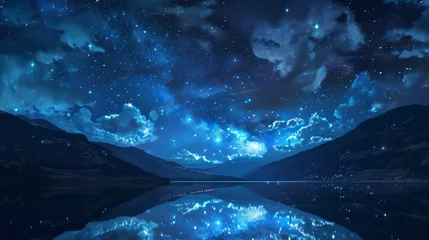 Poster Starry night sky over a calm lake, with manga style clouds generative ai © Kelly