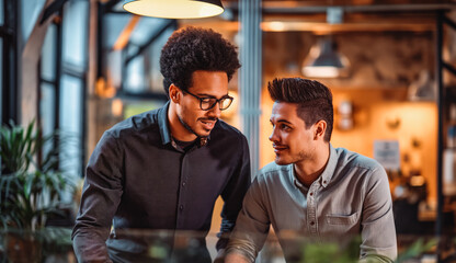 A mentor guiding a new employee through a training program, showcasing the importance of mentor ship. He introduces the work flow in the company. - obrazy, fototapety, plakaty