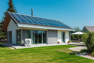 A heat pump with photovoltaic panels installed on the roof of a single-family house, along with a green room, forms an eco-friendly heating and air conditioning.