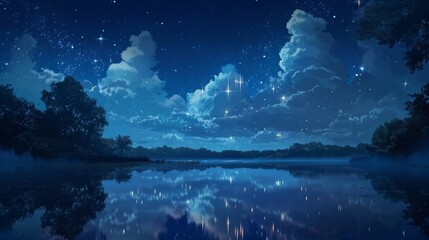 Starry night sky over a calm lake, with manga style clouds generative ai - obrazy, fototapety, plakaty