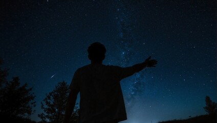 Fototapeta na wymiar Silhouette of a man watching the dark starry sky