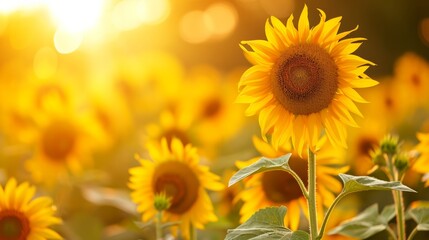 Fototapeta premium Sunflowers in a golden field, creating a bright and warm natural background generative ai