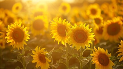 Fototapeta premium Sunflowers in a golden field, creating a bright and warm natural background generative ai