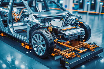 Fototapeta premium High energy accumulators, energy for electric vehicles. New advanced batteries that last several kilometers on a single charge. Development of advanced cars.