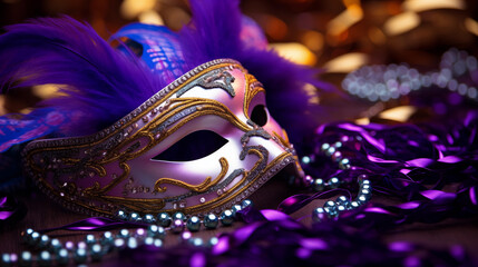 Naklejka premium A mardi gras mask with a purple background and beads, Generative AI