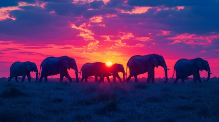 Fototapeta premium Herd of Elephants Walking Together at Sunset, Majestic Wildlife Scene