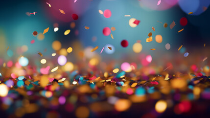 Colorful confetti on a background with bokeh effect, Generative AI