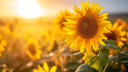 Fototapeta premium Sunflowers in a golden field, creating a bright and warm natural background generative ai