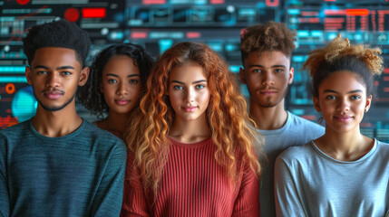 IT students. New young generation of people. Diverse teenager in front of modern digital display.