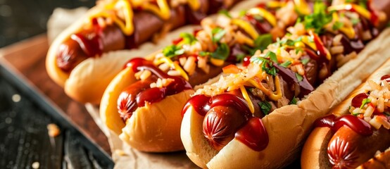 A sizzling group of iconic american fast food favorites, adorned with vibrant ketchup and mustard, gather together on a plump and savory sausage bun for a mouthwatering indoor snack experience