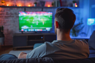 Man watching sports game on tv at home. He is a big fan of sports, so he watches every game on TV. He prefers to watch football. He's chilling. - obrazy, fototapety, plakaty