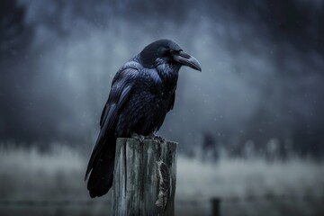 Fototapeta premium A dramatic shot of a black raven perched on a spooky fencepost