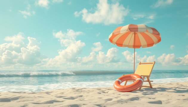 Beach umbrella with chairs and beach accessories on blue background. summer vacation concept. 3d rendering