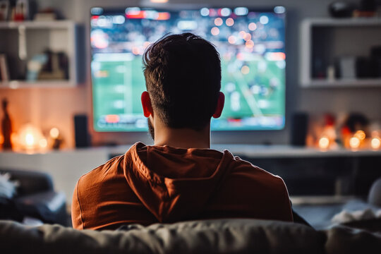 Man Watching Sports Game On Tv At Home. He Is A Big Fan Of Sports, So He Watches Every Game On TV. He Prefers To Watch Football. He's Chilling.