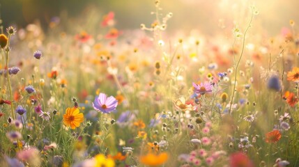 Obraz na płótnie Canvas Sunlit field of wildflowers generative ai