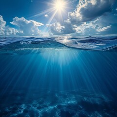 serene underwater scene with sunlit ocean waves, waterline, Generative AI