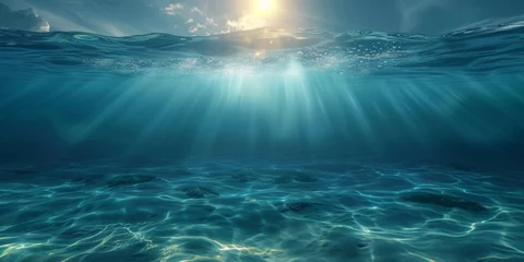 Poster serene underwater scene with sunlit ocean waves, waterline, Generative AI © avrezn