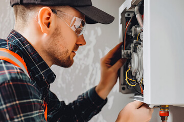 Worker set up central gas heating boiler at home. He is a master at installing gas heating. He has his own gas heating company.