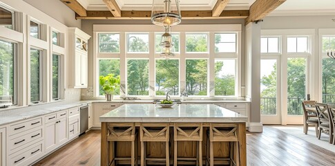 An inviting indoor kitchen featuring a spacious island, surrounded by sleek cabinetry and a large window overlooking the backyard, with warm hardwood floors and a wooden table for family gatherings