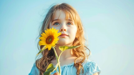 A young girl, dressed in bright yellow clothing, holds a sunflower against a clear blue sky, her face lit up with joy and wonder