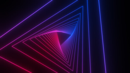 Travel through abstract neon tunnel. Glowing colorful background.