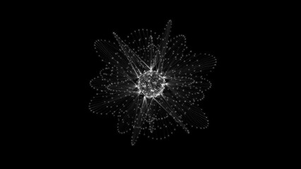 Flowing orbital polygonal sphere shape HUD, FUI element. Plexus style connecting lines and dots.