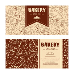 Banner design for bakery. Business card template with bread and pastry. Doodle vector background
