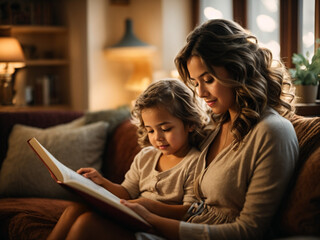 Obraz premium Mother and daughter reading a book together at home