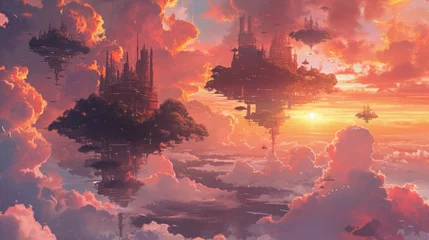 Rolgordijnen Sunset over a futuristic city with floating islands, complemented by vibrant manga-style clouds generative ai © Kelly