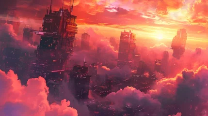 Poster Sunset over a futuristic city with floating islands, complemented by vibrant manga-style clouds generative ai © Kelly