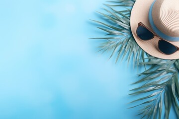 Summer Flat Lay with Straw Hat, Sunglasses, and Beach Accessories on Blue Background with Palm Leaf Shadow, Sun, and Sunlight AI Generated