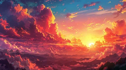 Afwasbaar Fotobehang Vermiljoen Sunset over a mountain range with warm colors filling the sky. Manga-style clouds generative ai