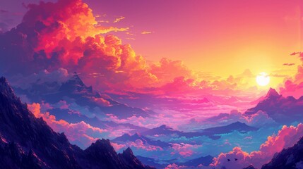 Sunset over a mountain range with warm colors filling the sky. Manga-style clouds generative ai