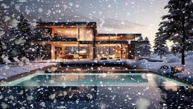 Winter depiction of a luxurious architectural modern villa featuring a pool.