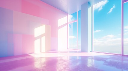A vibrant sky peeks through the windows of an art-filled room, casting a warm light on the indoor space and capturing a moment in time through a screenshot