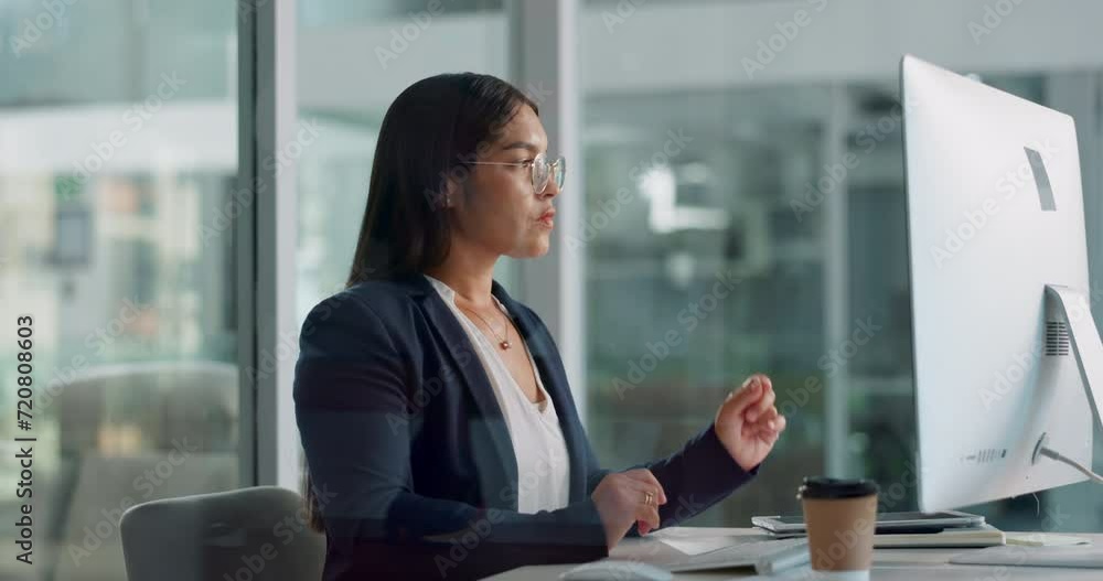 Poster research, thinking or businesswoman with computer for an article post or networking in office. digit
