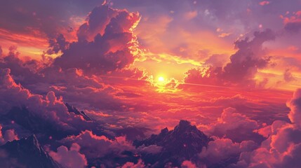 Sunset over a mountain range with warm colors filling the sky. Manga-style clouds generative ai