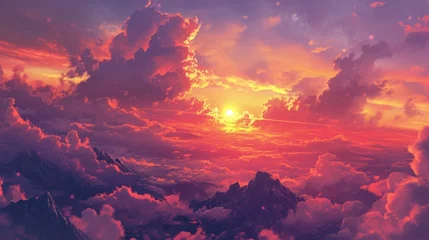 Photo sur Aluminium Violet Sunset over a mountain range with warm colors filling the sky. Manga-style clouds generative ai