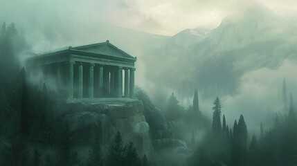 a digital painting of an ancient greek temple in a foggy, foggy, and foggy mountain landscape