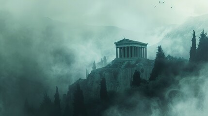 a digital painting of an ancient greek temple in a foggy, foggy, and foggy mountain landscape - obrazy, fototapety, plakaty