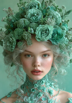 Woman With Floral Accessories in Her Hair. A young woman wearing flowers as hair accessories, posing for a photo.