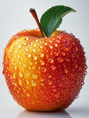 Vibrant Red Apple With Water Drops on Its Surface. A close-up photograph showcasing a shiny red apple covered in small water droplets - obrazy, fototapety, plakaty