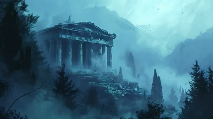Papier Peint photo Bleu Jeans a digital painting of an ancient greek temple in a foggy, foggy, and foggy mountain landscape